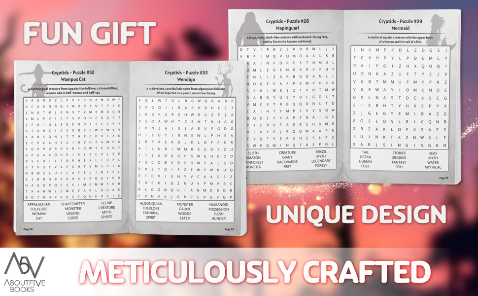 opened cryptid word puzzle books featuring mermaid wampus cat book fun and easy adult puzzle books