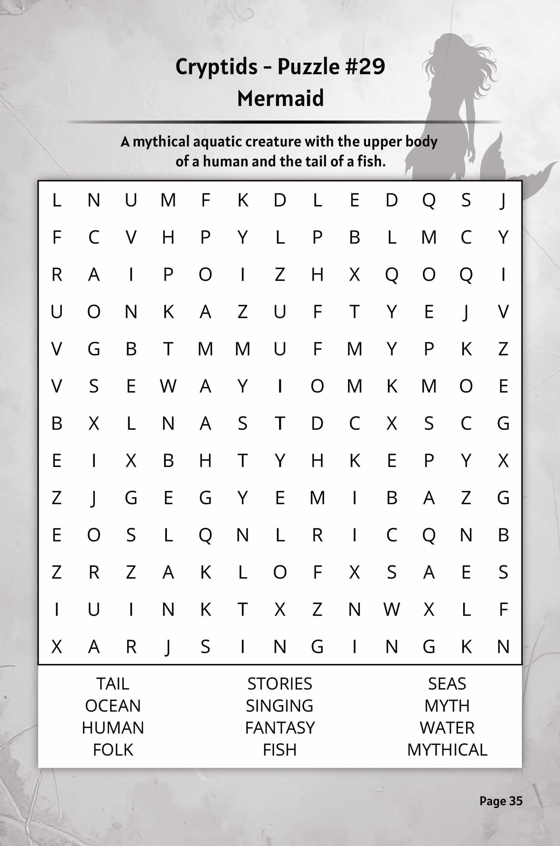 about five cryptids word search puzzle mermaid