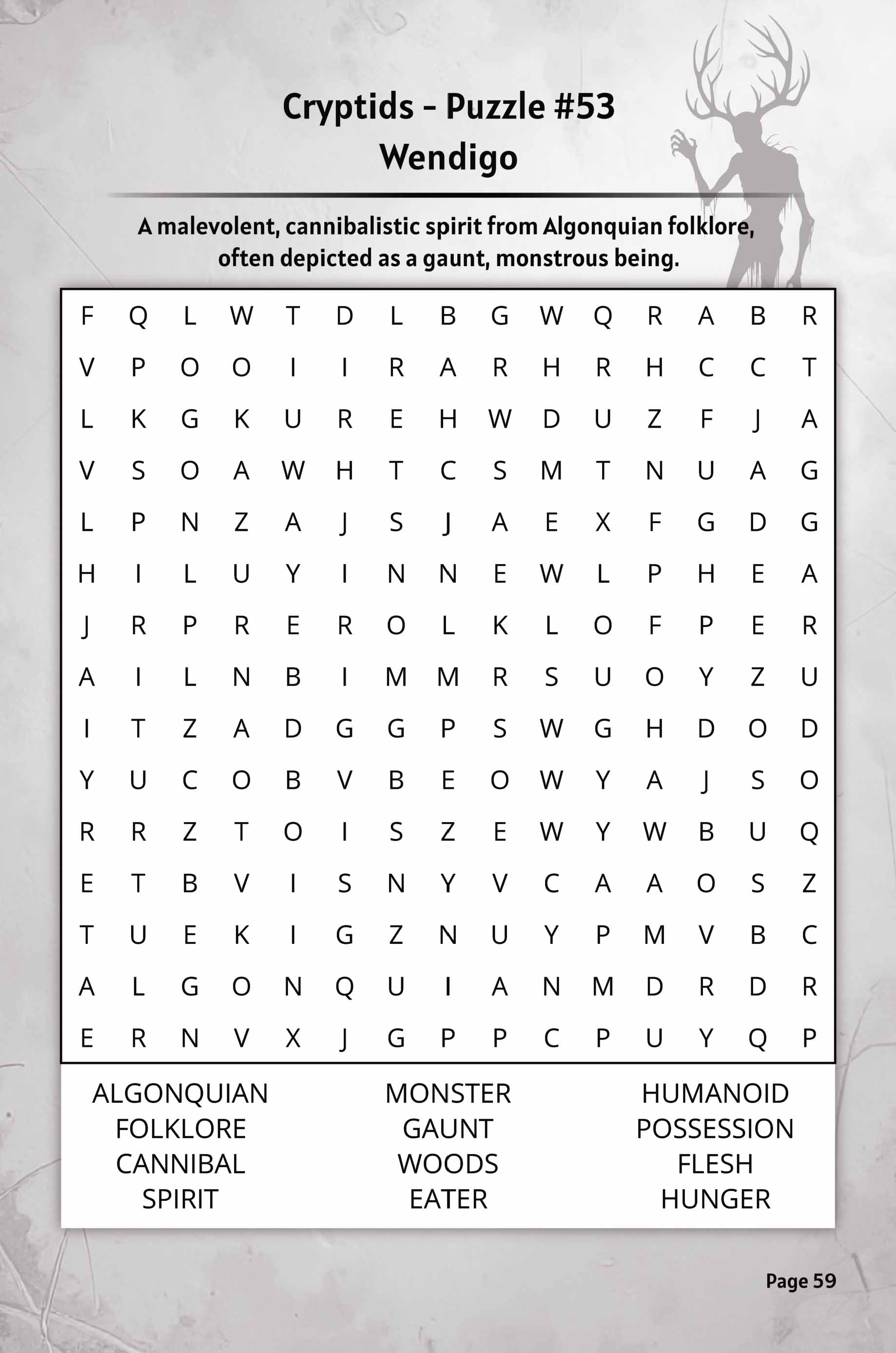 about five cryptids word search puzzle wendigo