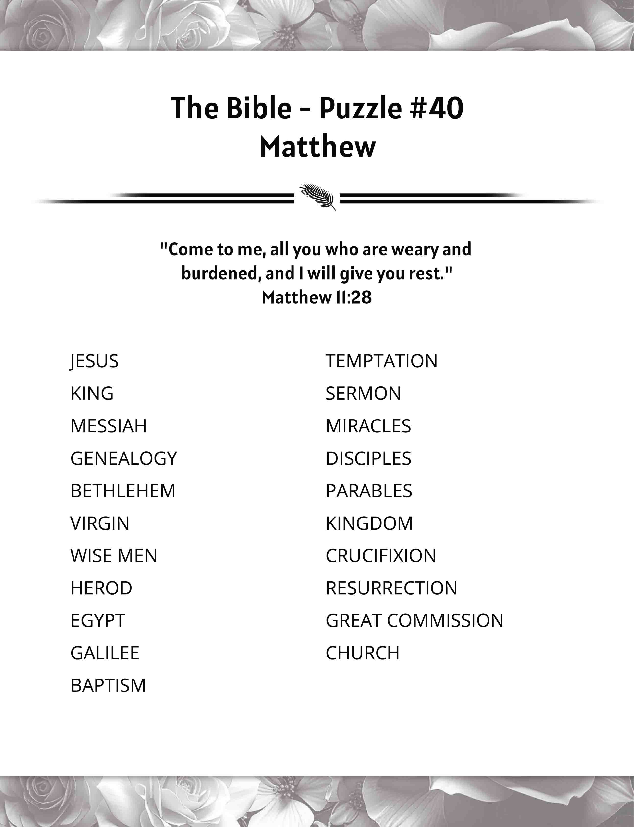 about five large print bible word search puzzle matthew words