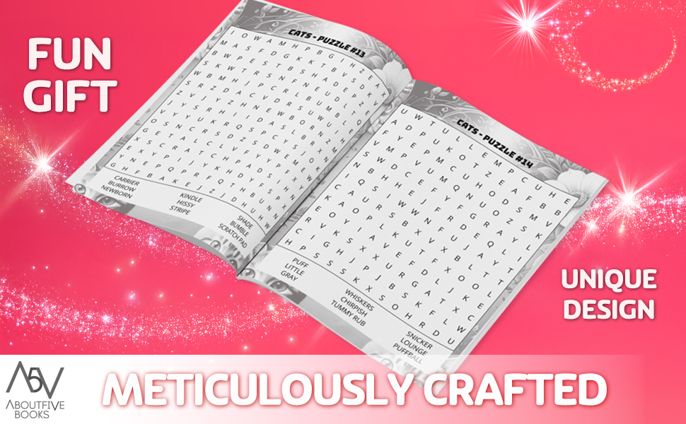 opened cat lovers word search puzzle book showing samples of cat themed word search puzzles