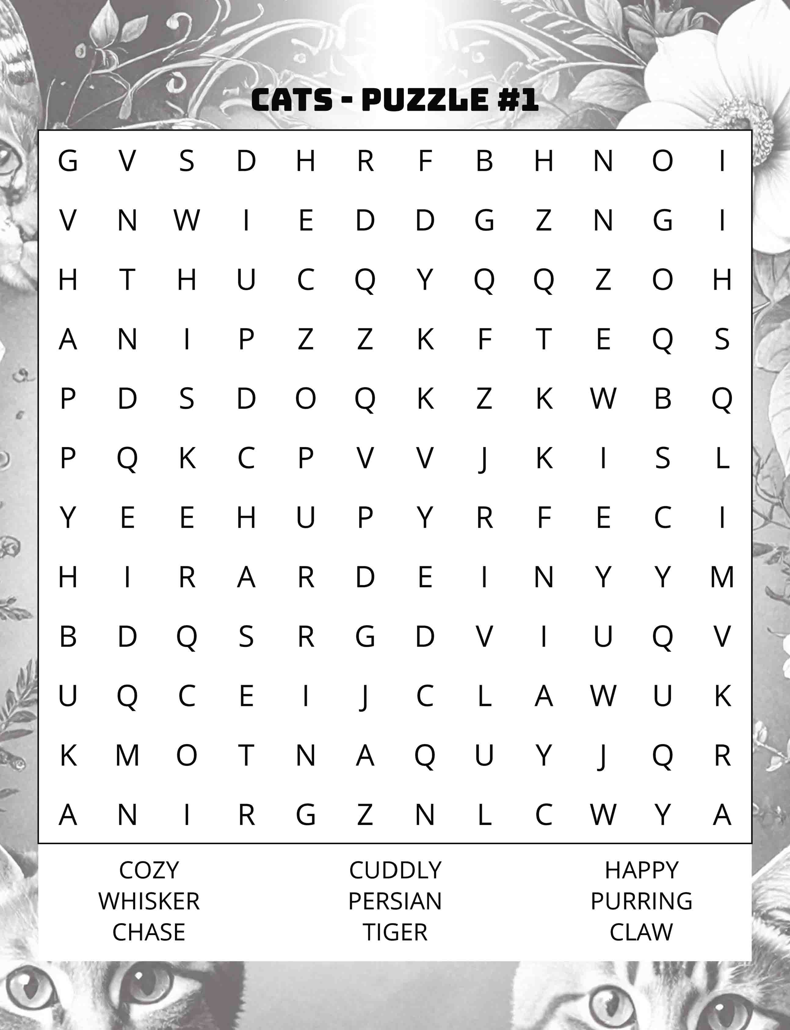 about five large print cats word search puzzle 01