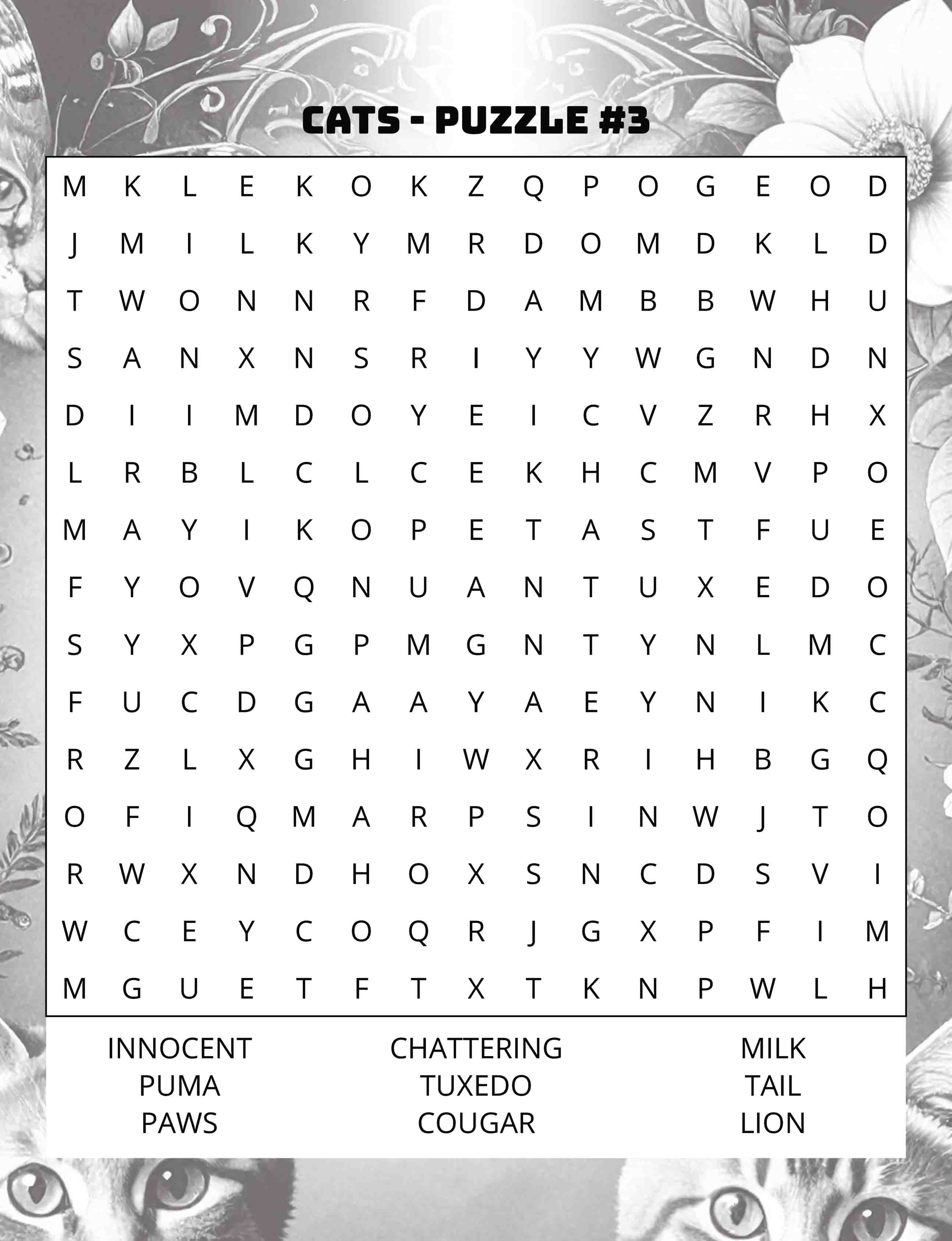 about five large print cats word search puzzle 03