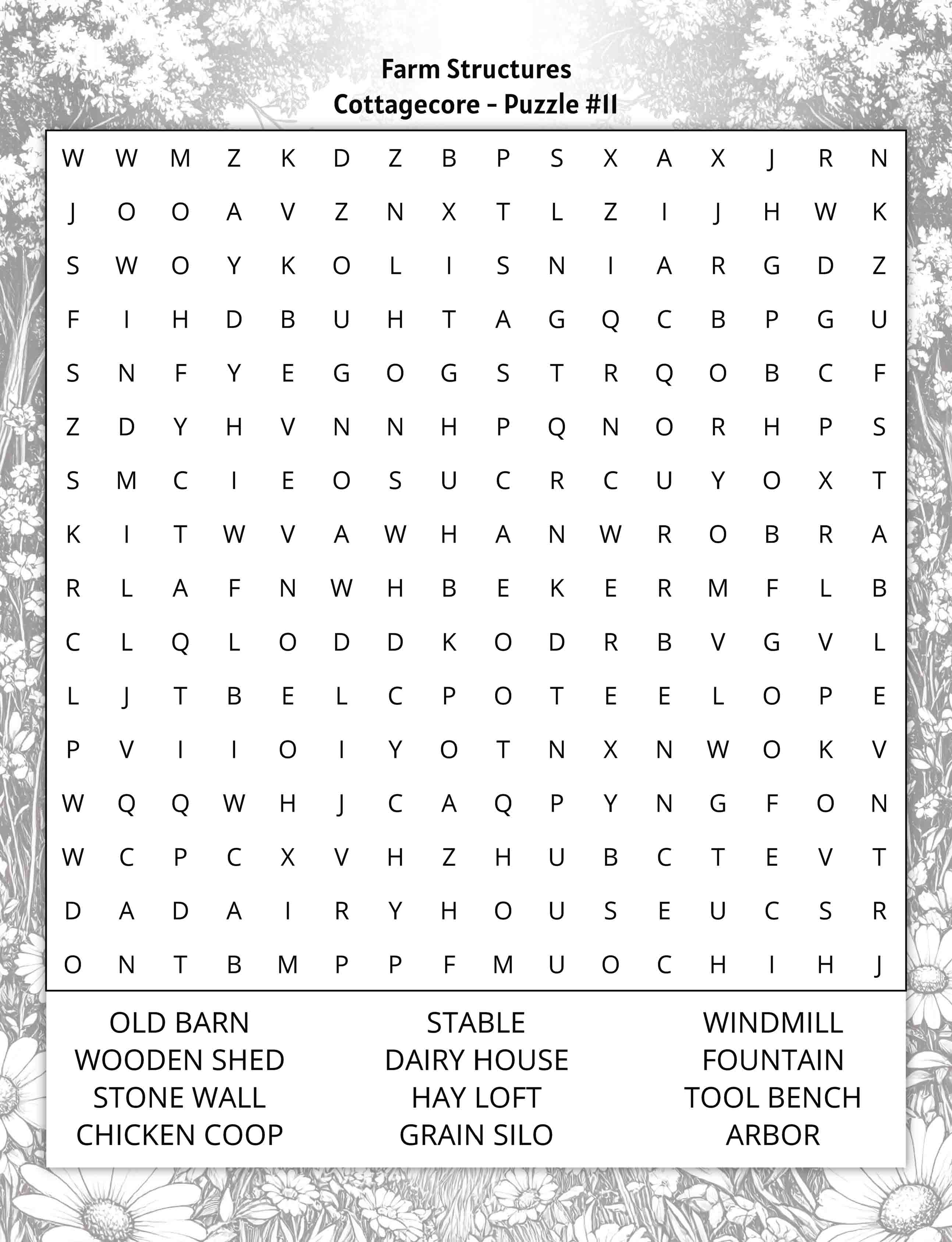 about five large print cottagecore word search puzzle farm structures