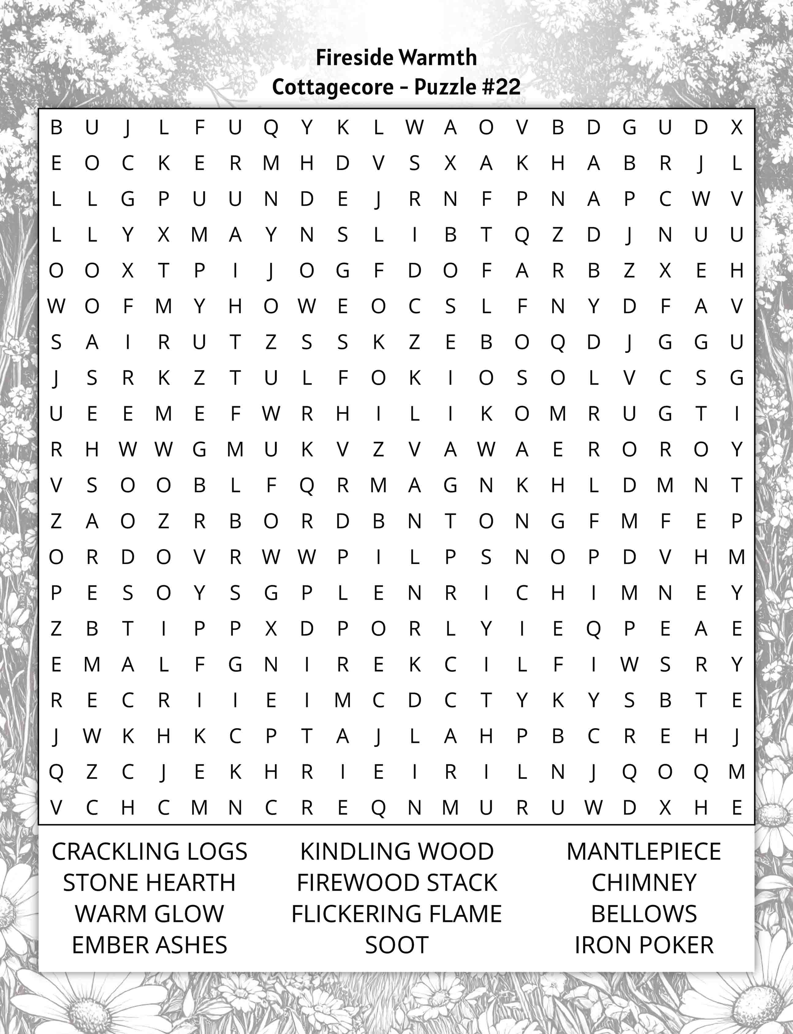 about five large print cottagecore word search puzzle fireside warmth
