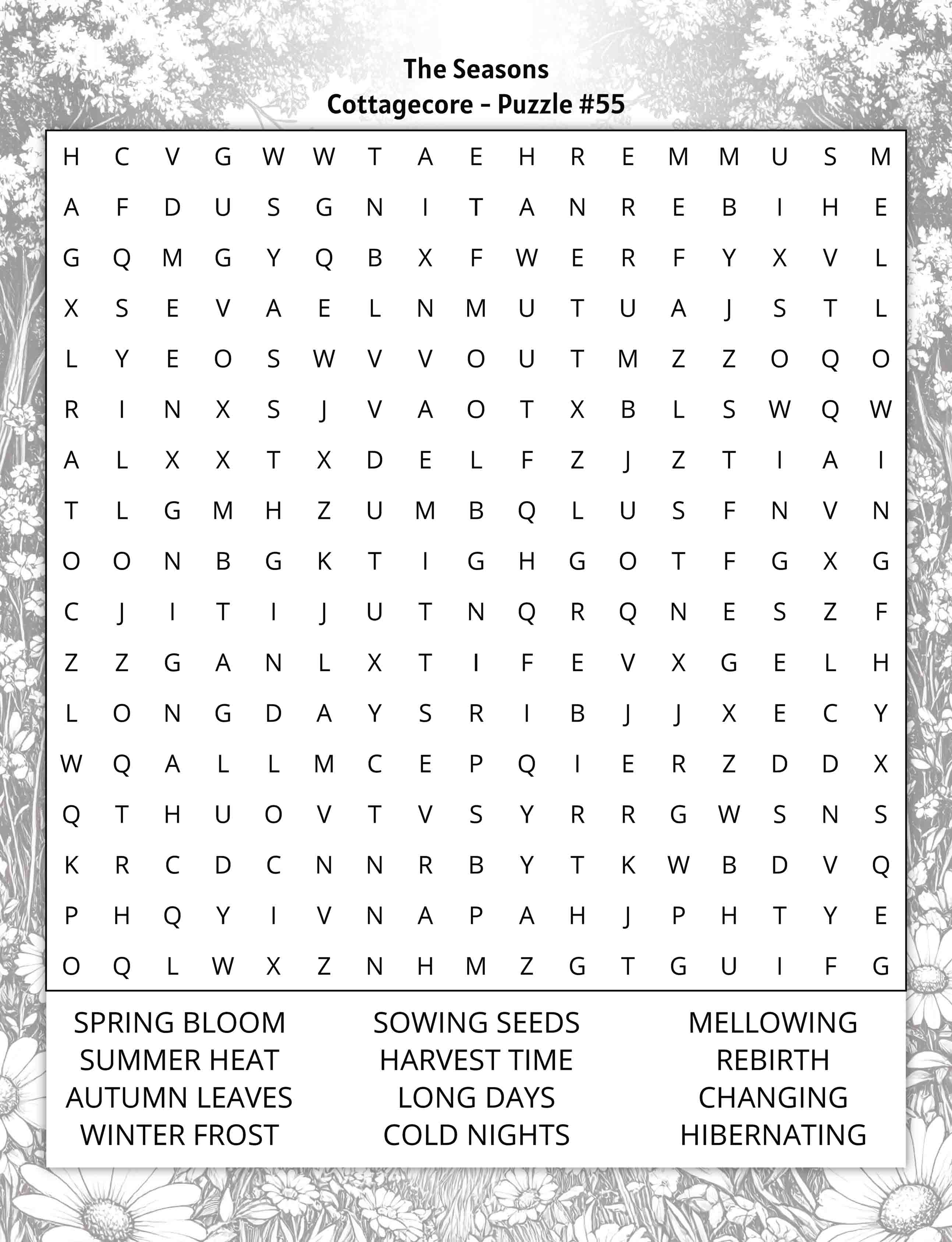 about five large print cottagecore word search puzzle seasons