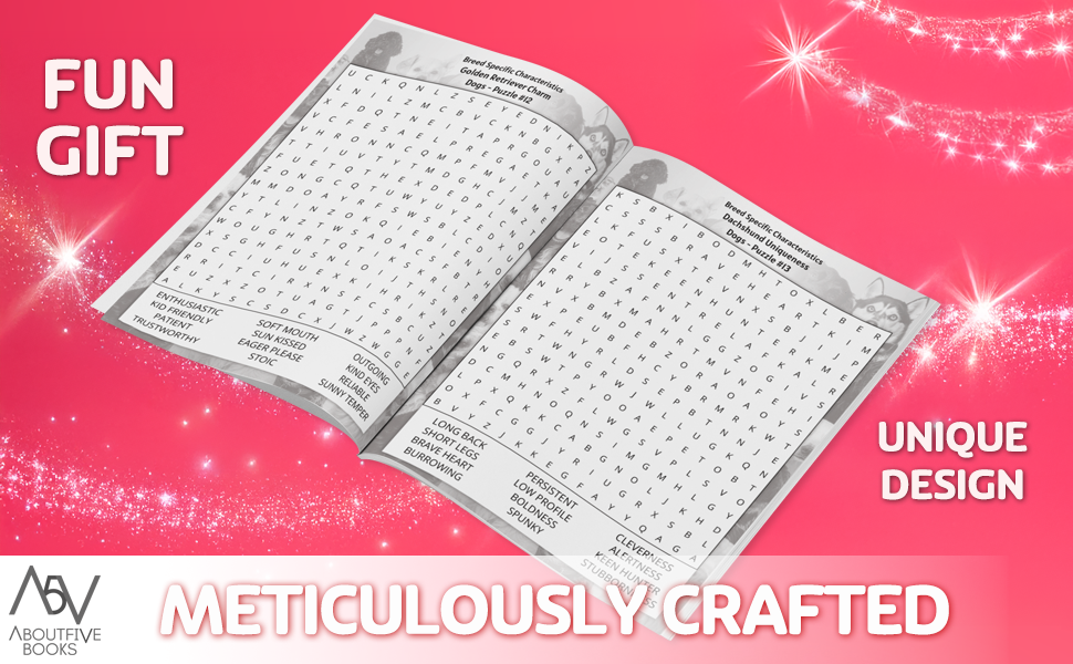 opened dog breed word search puzzle book showing puzzles of dog themed word search puzzles retriever word search