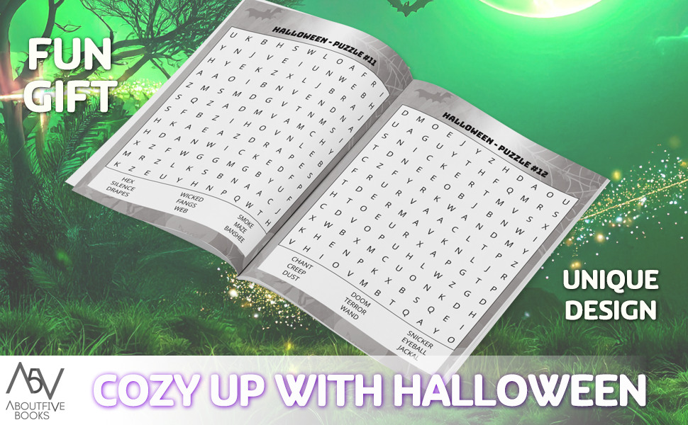 opened cozy halloween word search book showing scary word search puzzles fun gift unique design