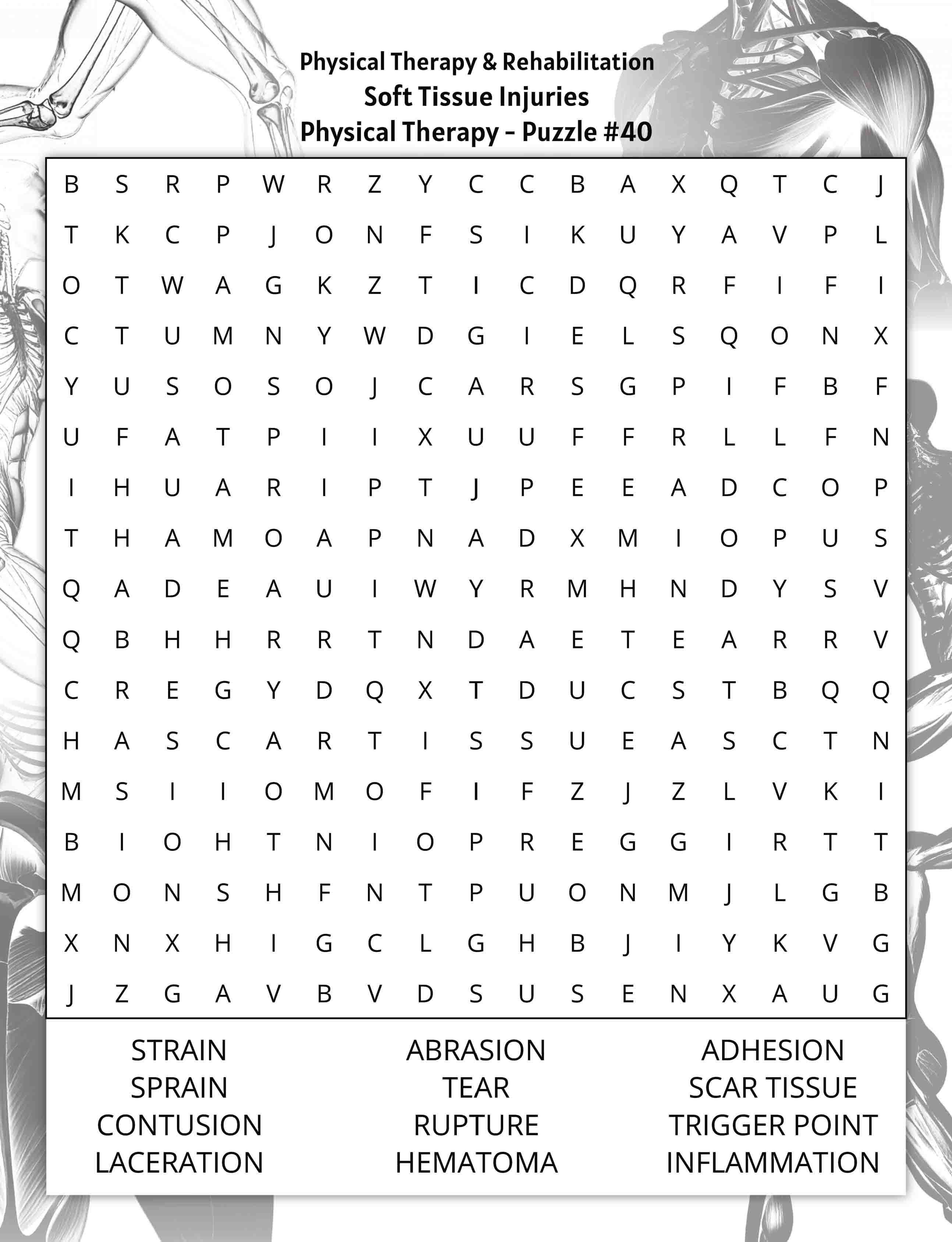about five large print physical therapy word search puzzle pt rehabilitation soft tissue injuries