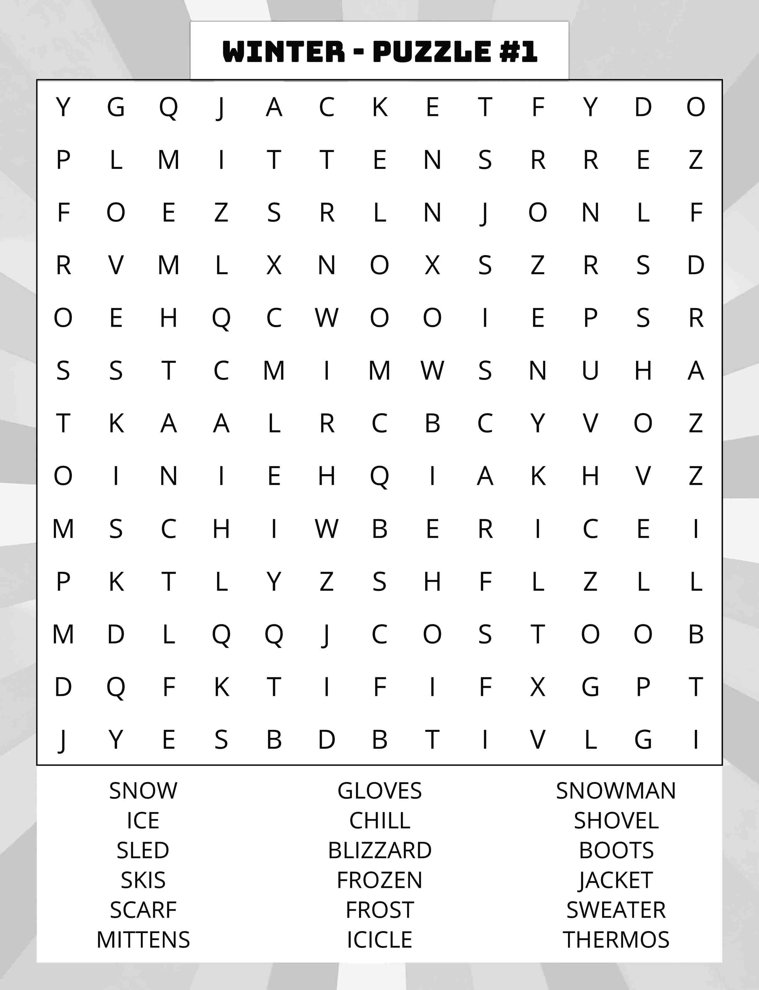 about five large print winter word search puzzle 01 featuring snow ice snowman