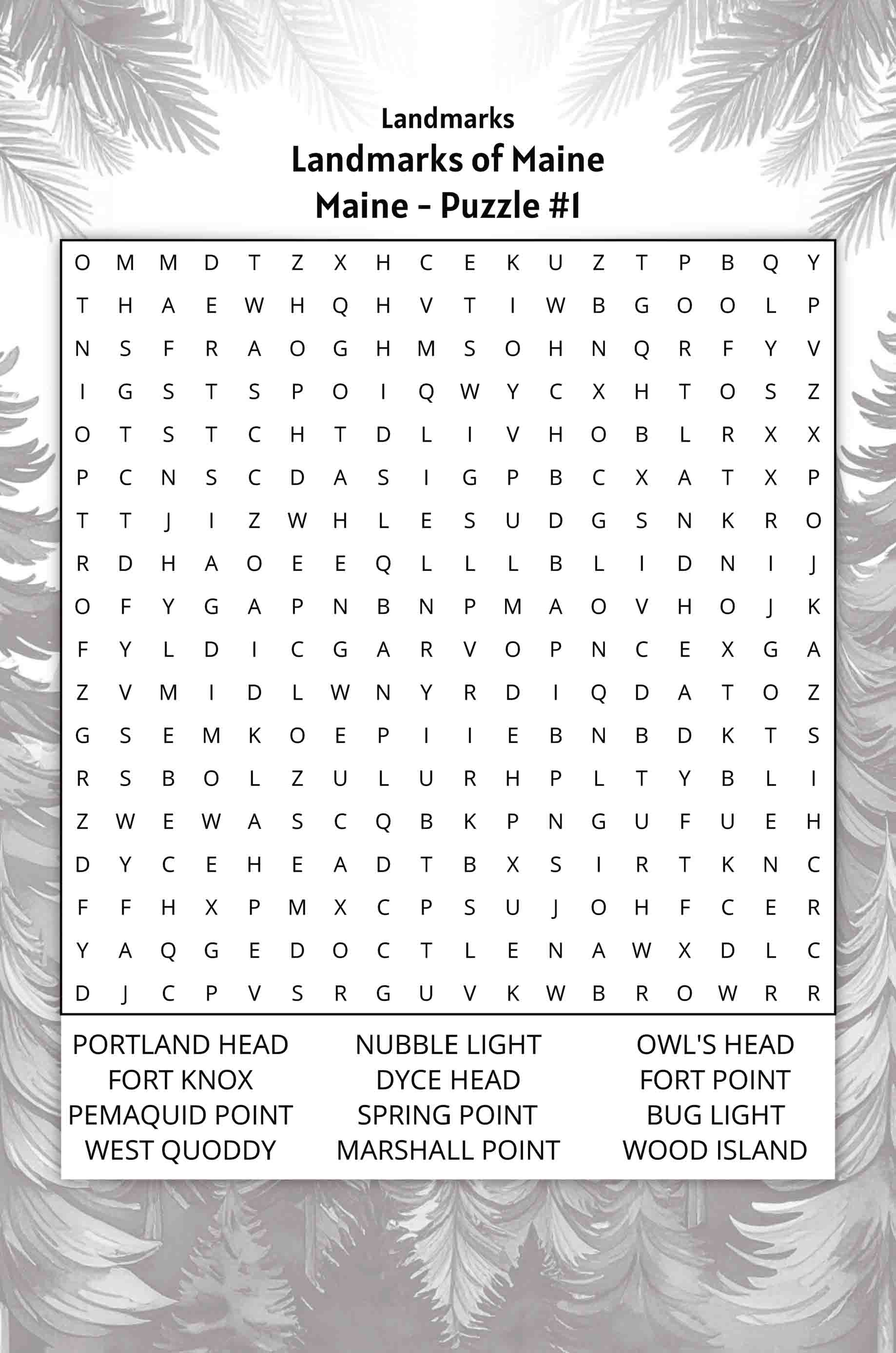about five maine word search puzzle landmarks of maine