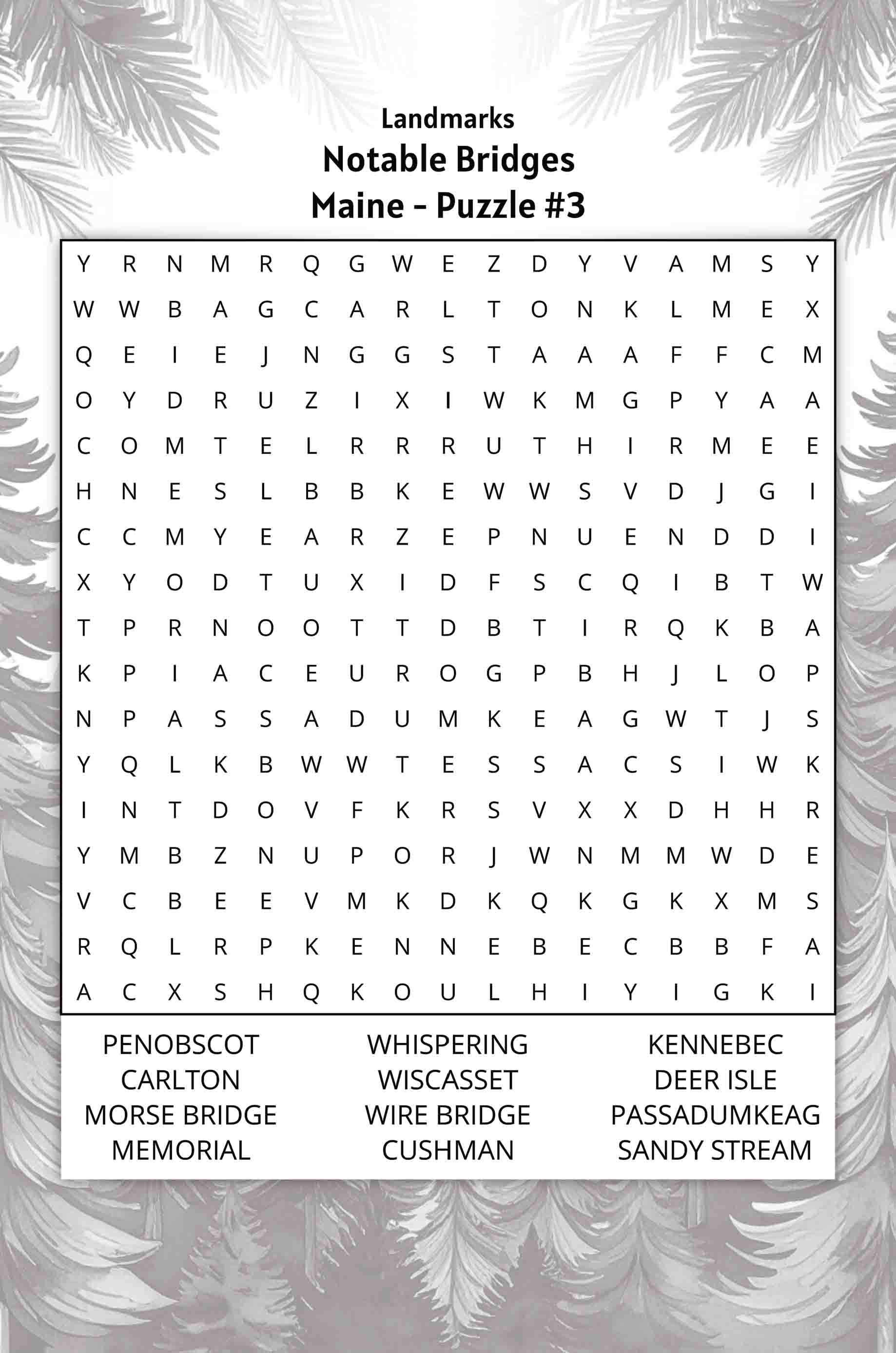 about five maine word search puzzle notable bridges