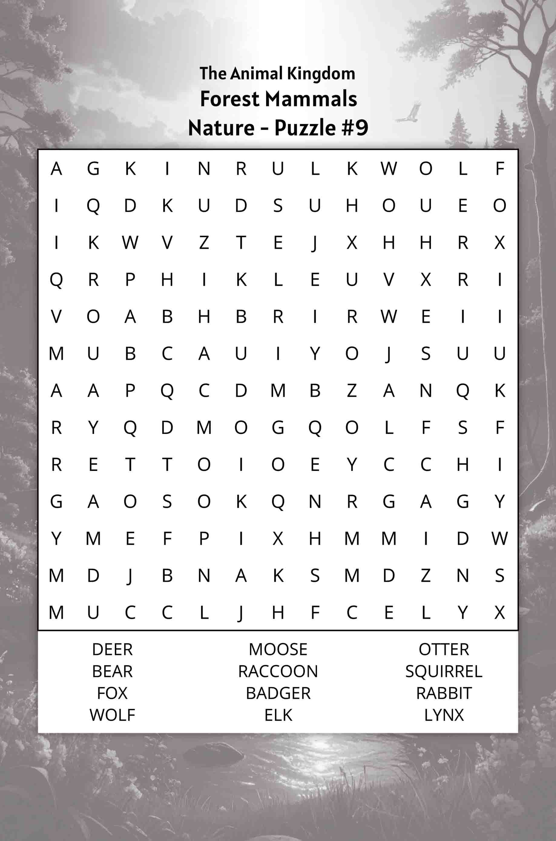 about five nature word search puzzle animal kingdom forest mammals