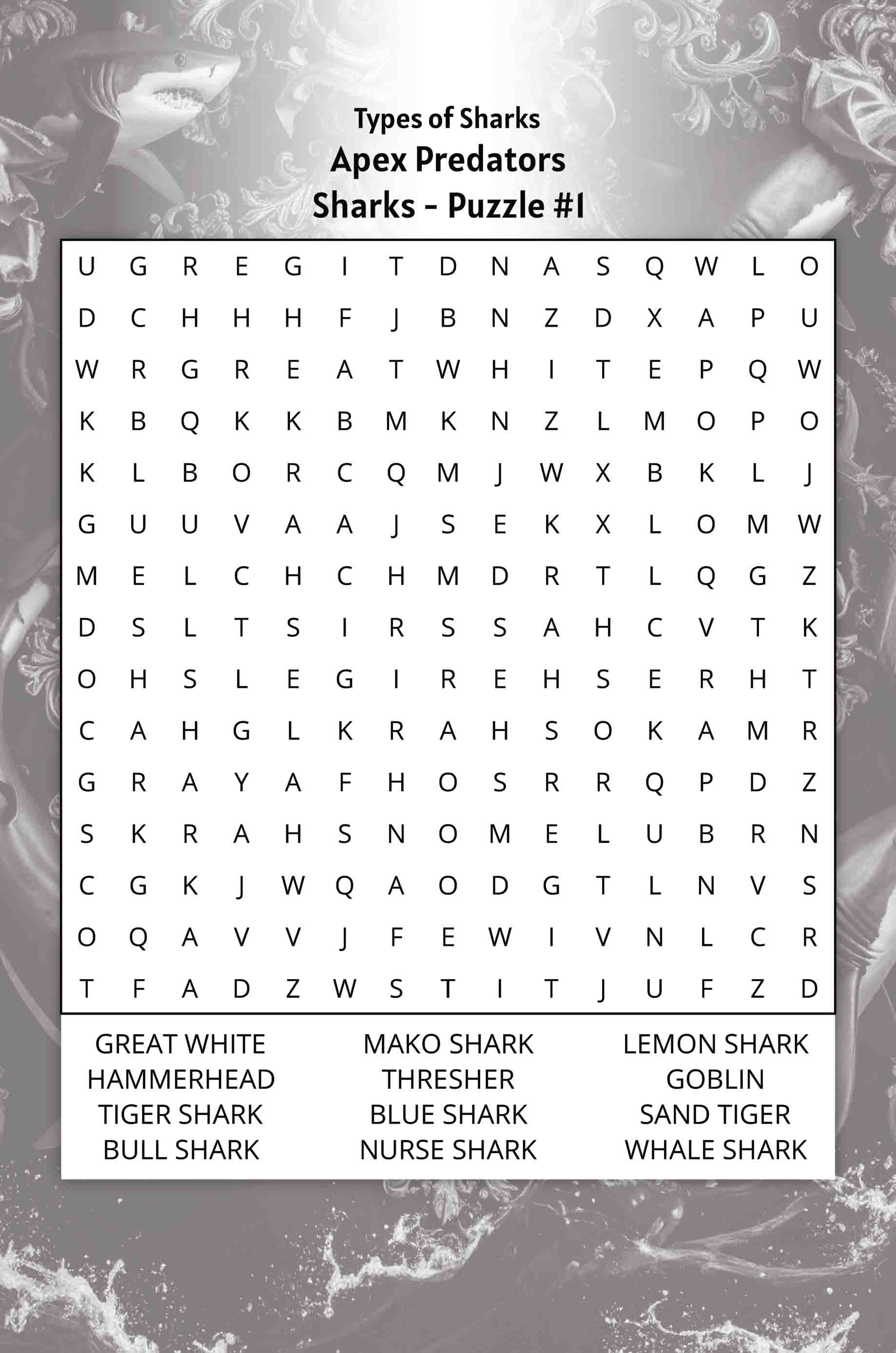 about five sharks word search puzzle apex predators featuring great white hammerhead whale shark