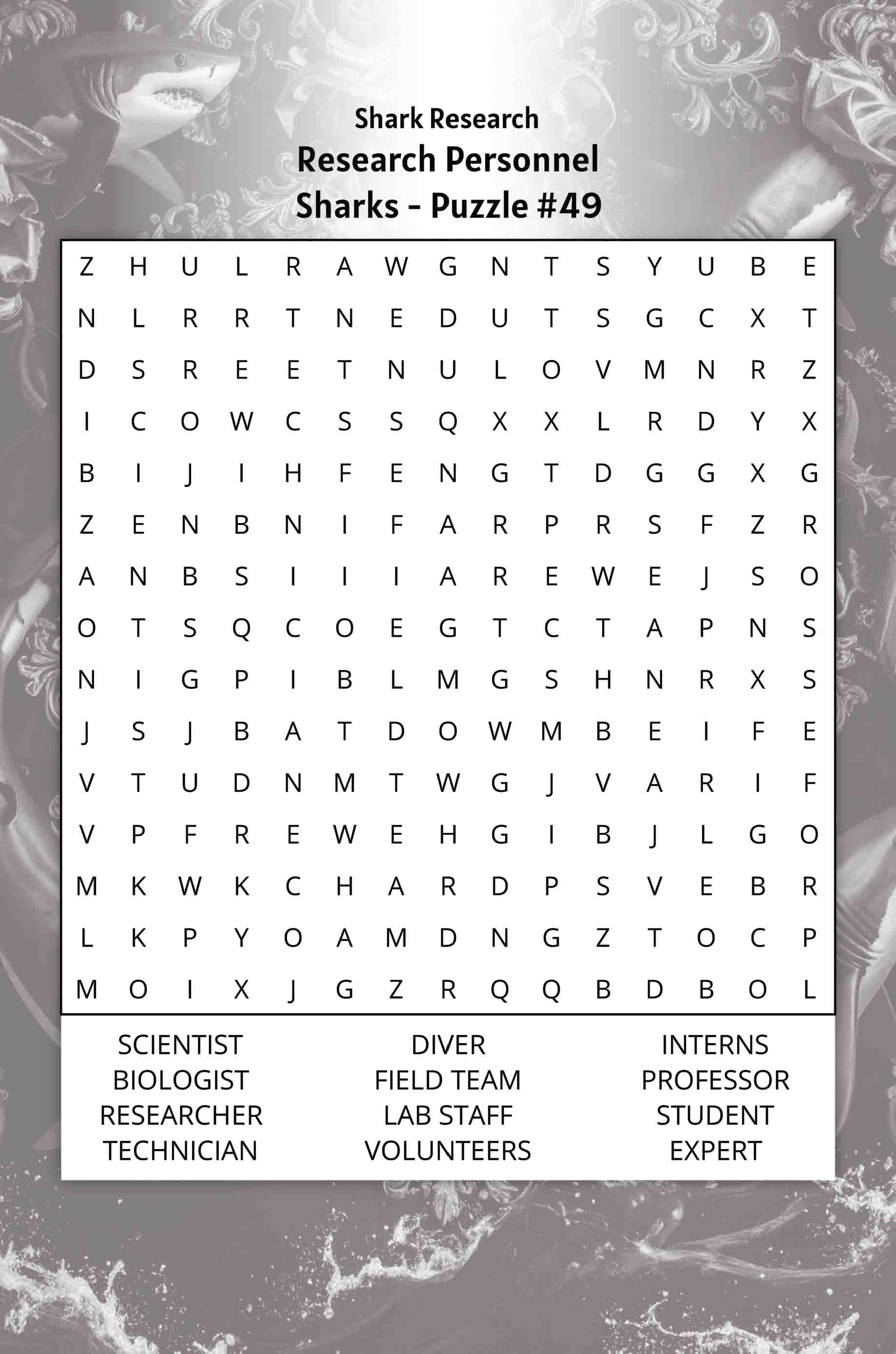 about five sharks word search puzzle research personnel biologist diver scientist