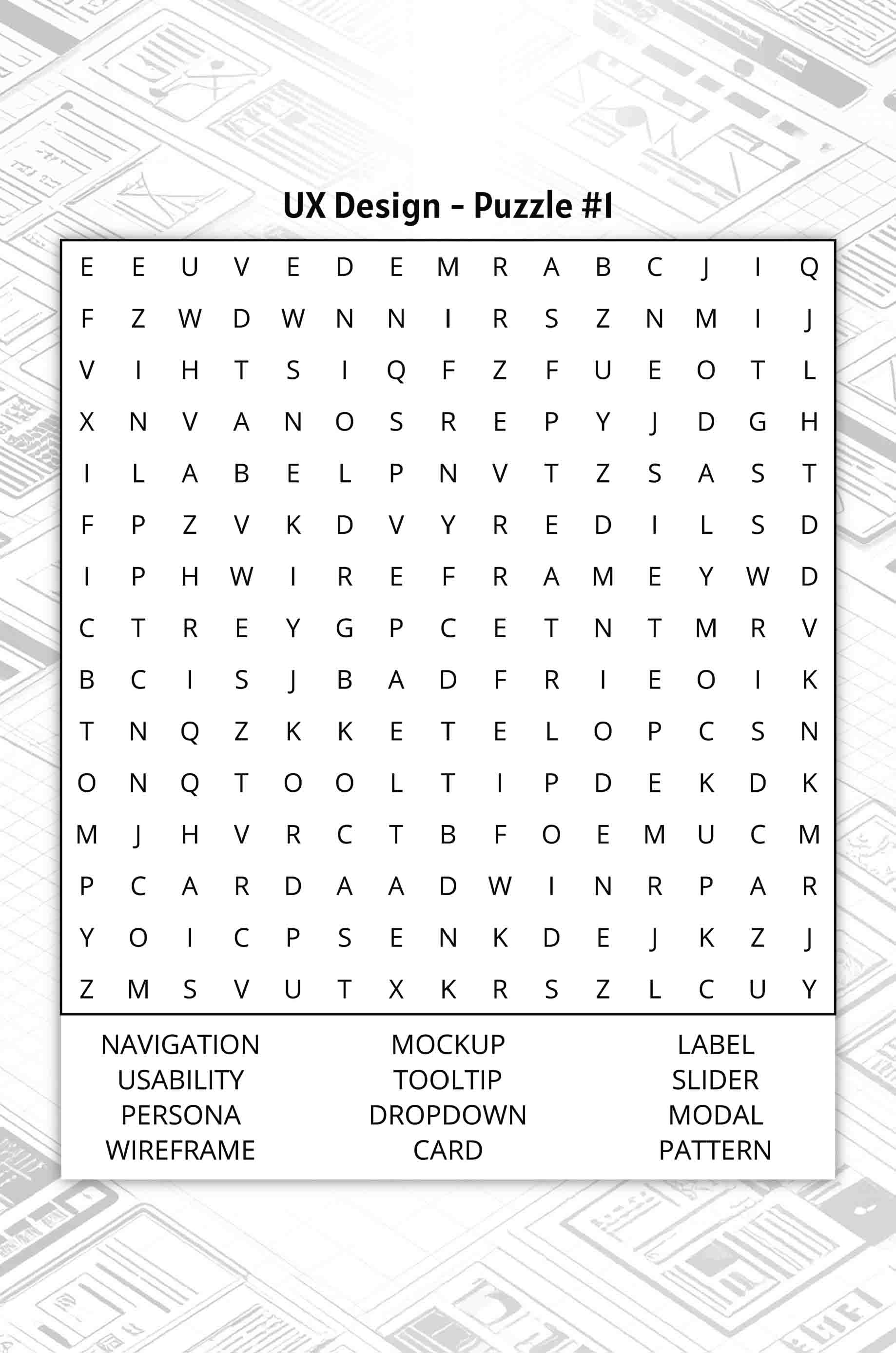 about five ux design word search puzzle featuring words like persona wireframe mockup