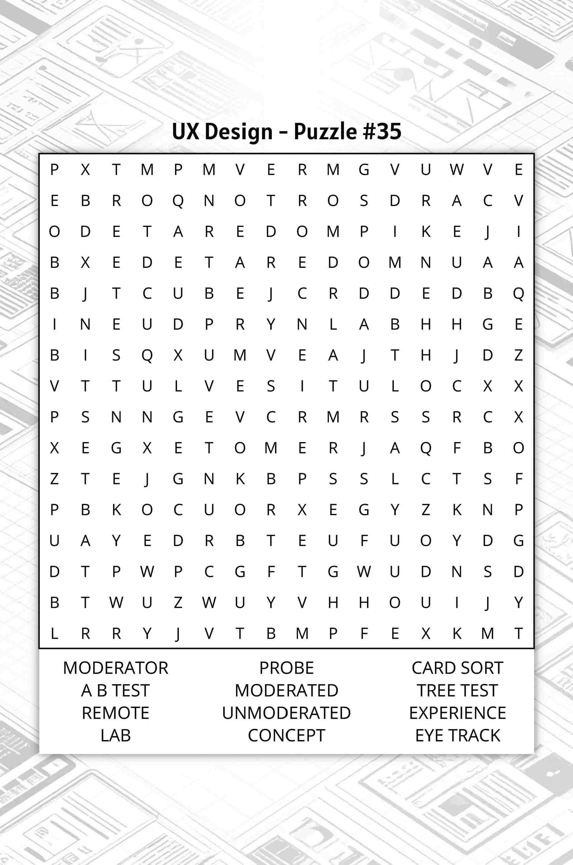 about five ux design word search puzzle featuring words like mederator AB test card sort.