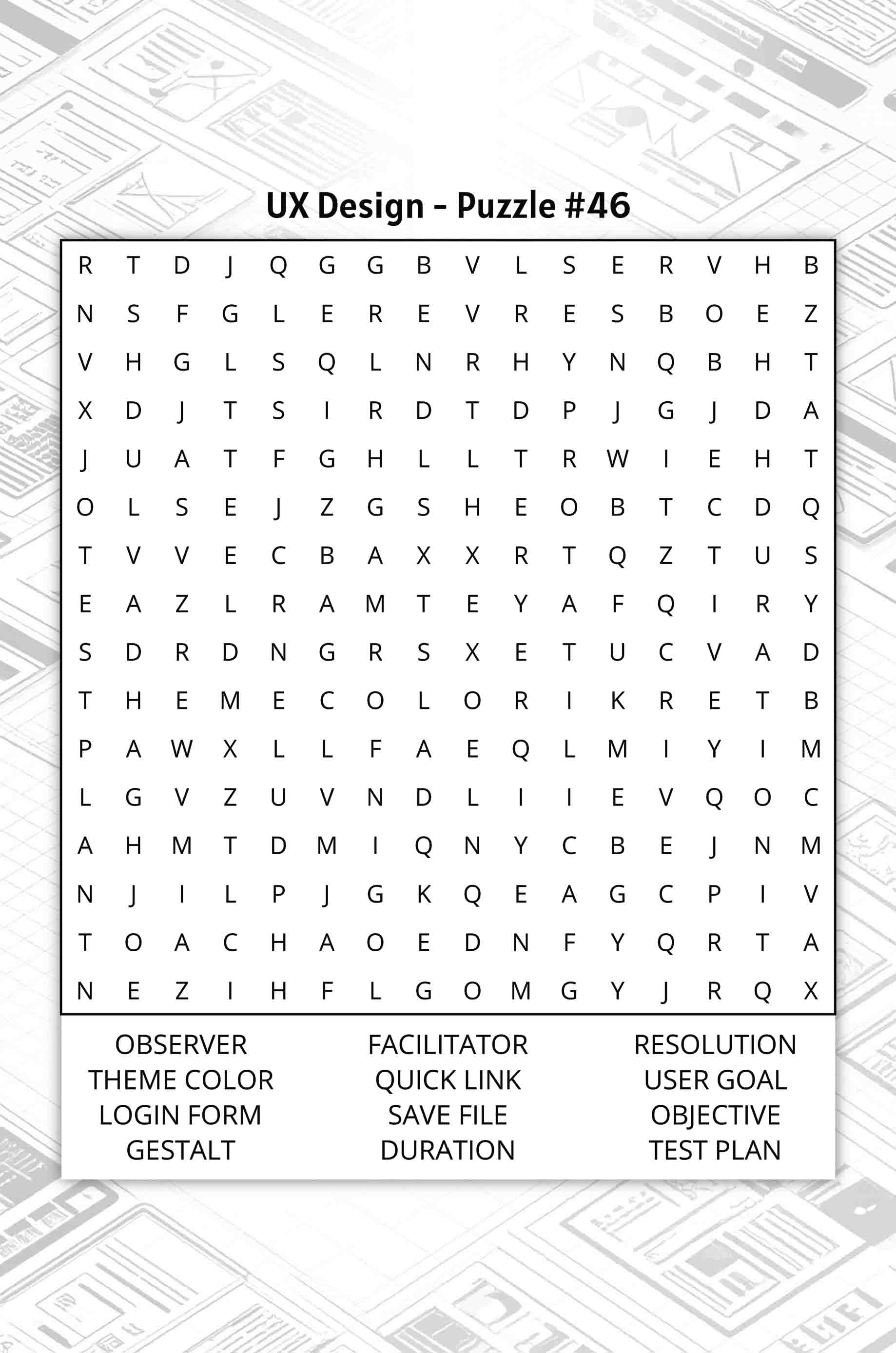 about five ux design word search puzzle featuring words like gestalt user goal test plan
