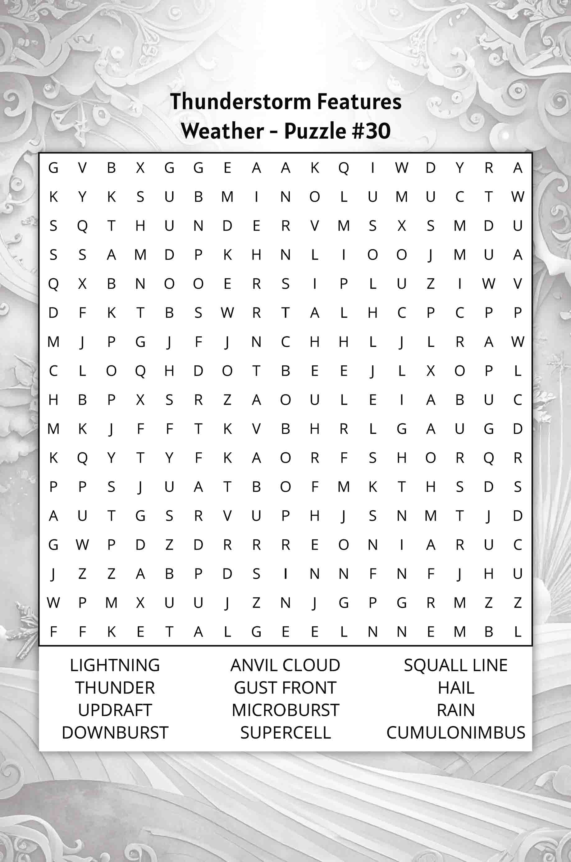 about five weather and meteorology word search puzzle featuring words like lightning microburst supercell