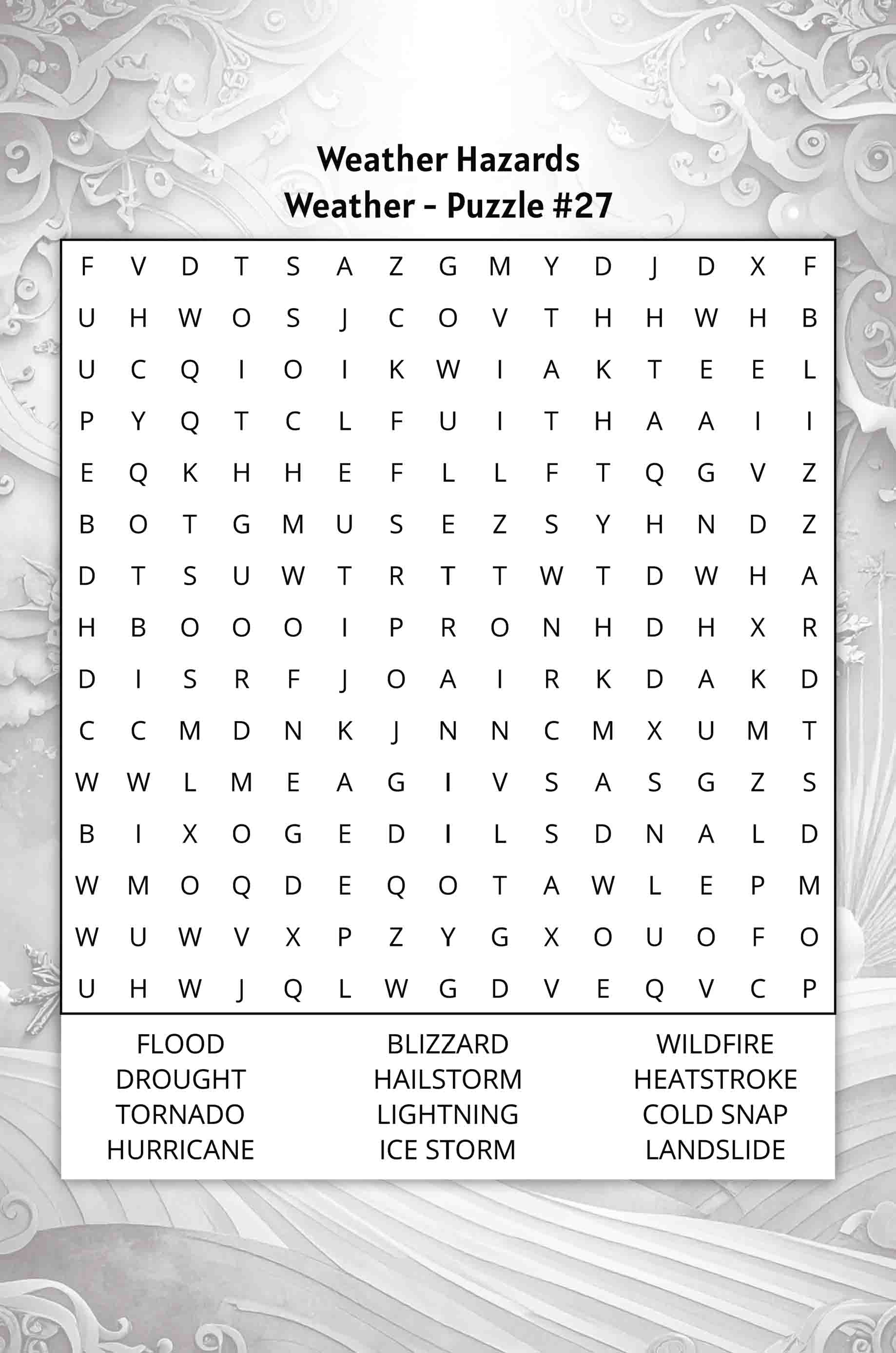 about five weather and meteorology word search puzzle featuring words like flood tornado hurricane