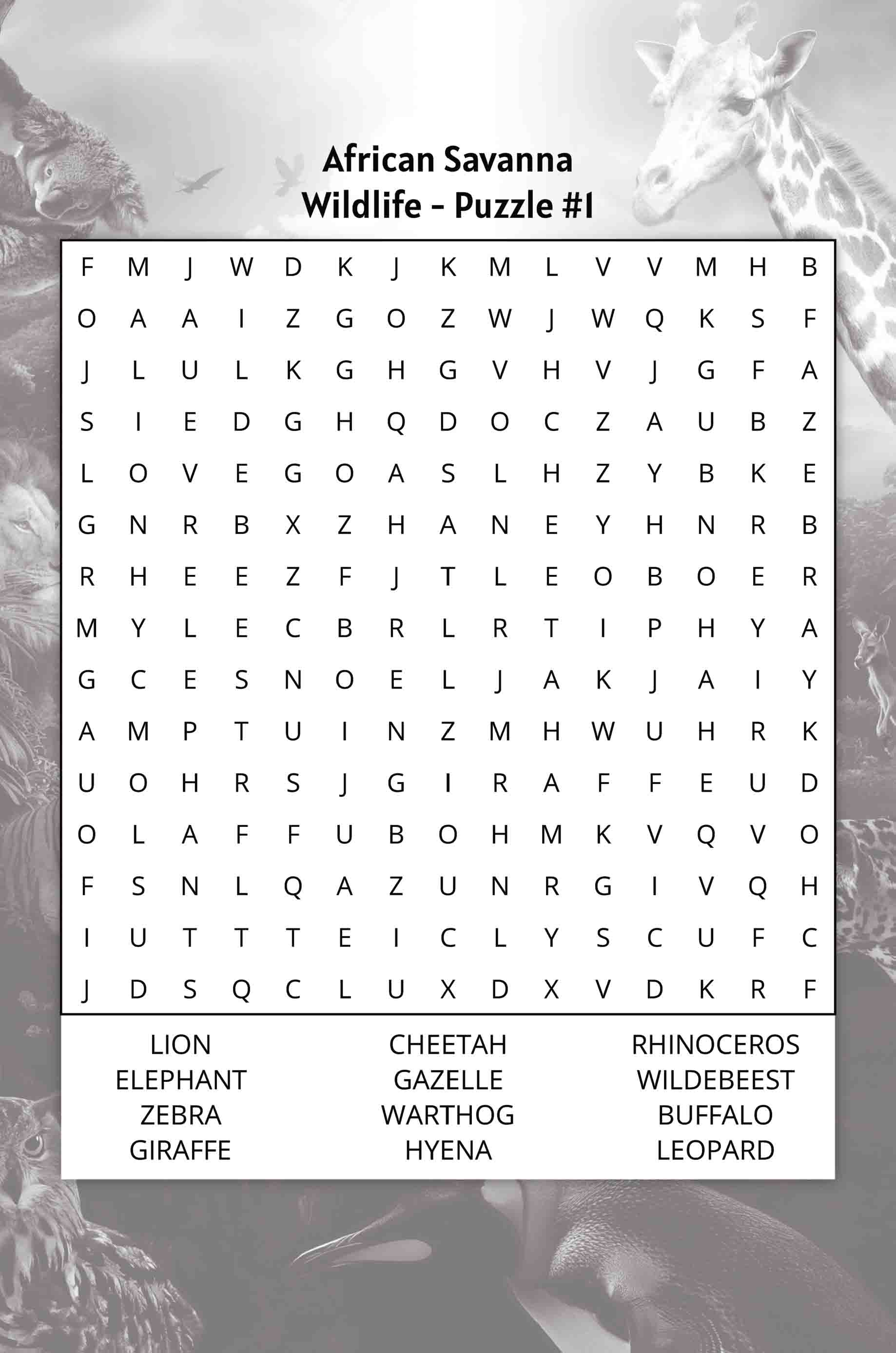about five wildlife word search puzzle african savanna