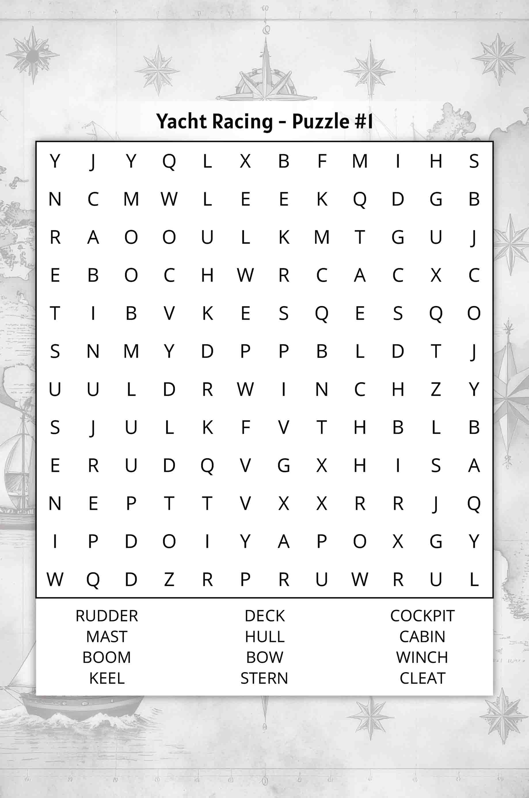 about five yacht racing word search puzzle featuring words like mast stern bow