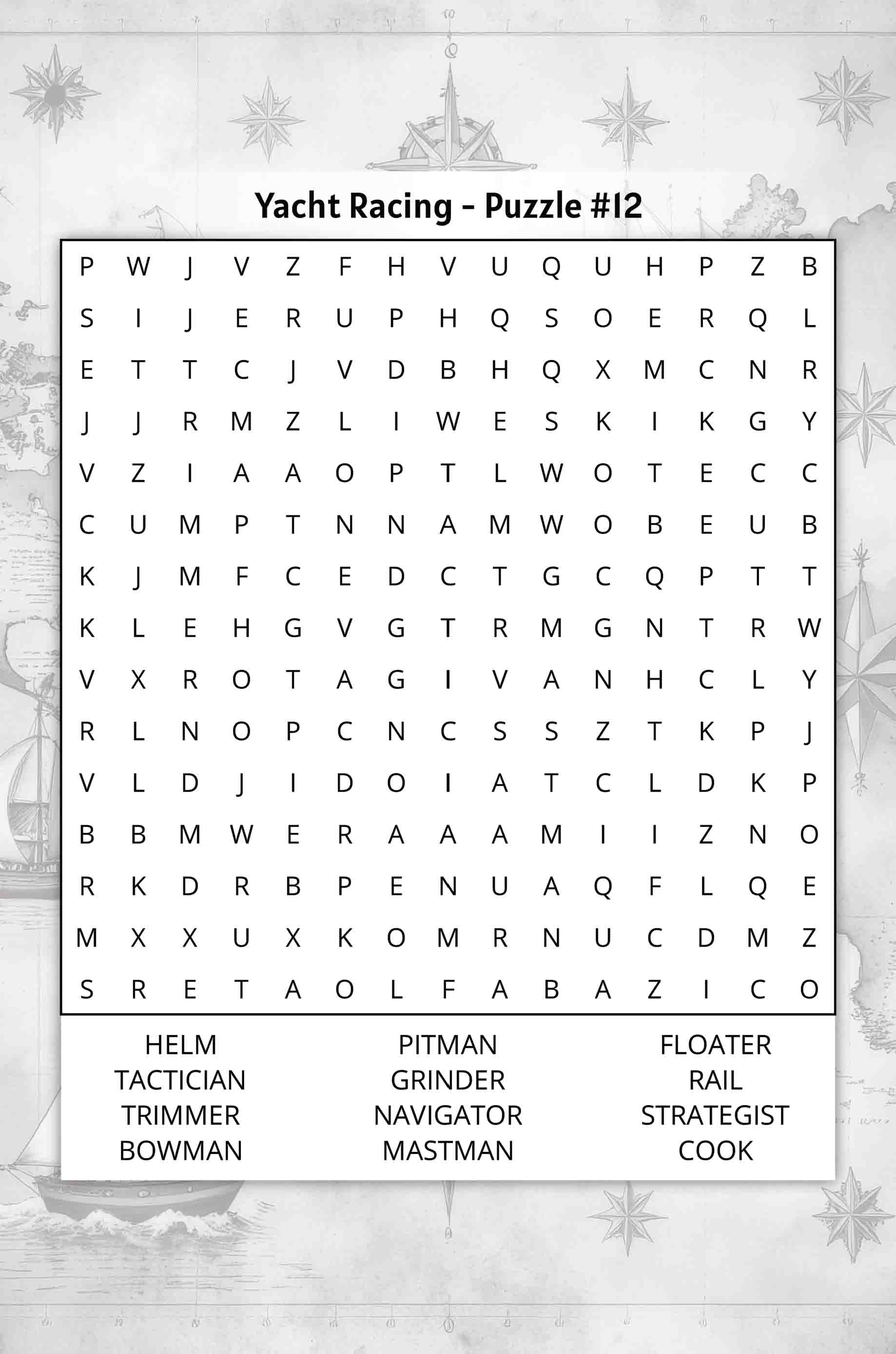 about five yacht racing word search puzzle featuring words like helm bowman mastman